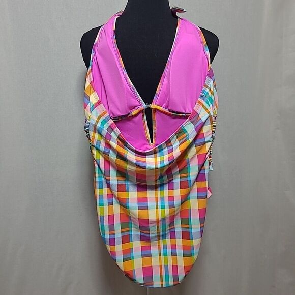 Into the Bleu by Amerex Women 14 Swimsuit One Piece Plaid Halter Plunge Monokini - Picture 3 of 9